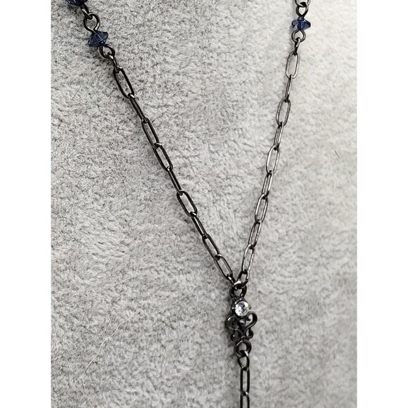 Gunmetal Y Necklace and Earring Set Blue Crystal Beads Modern Fashion Jewelry - Picture 7 of 13
